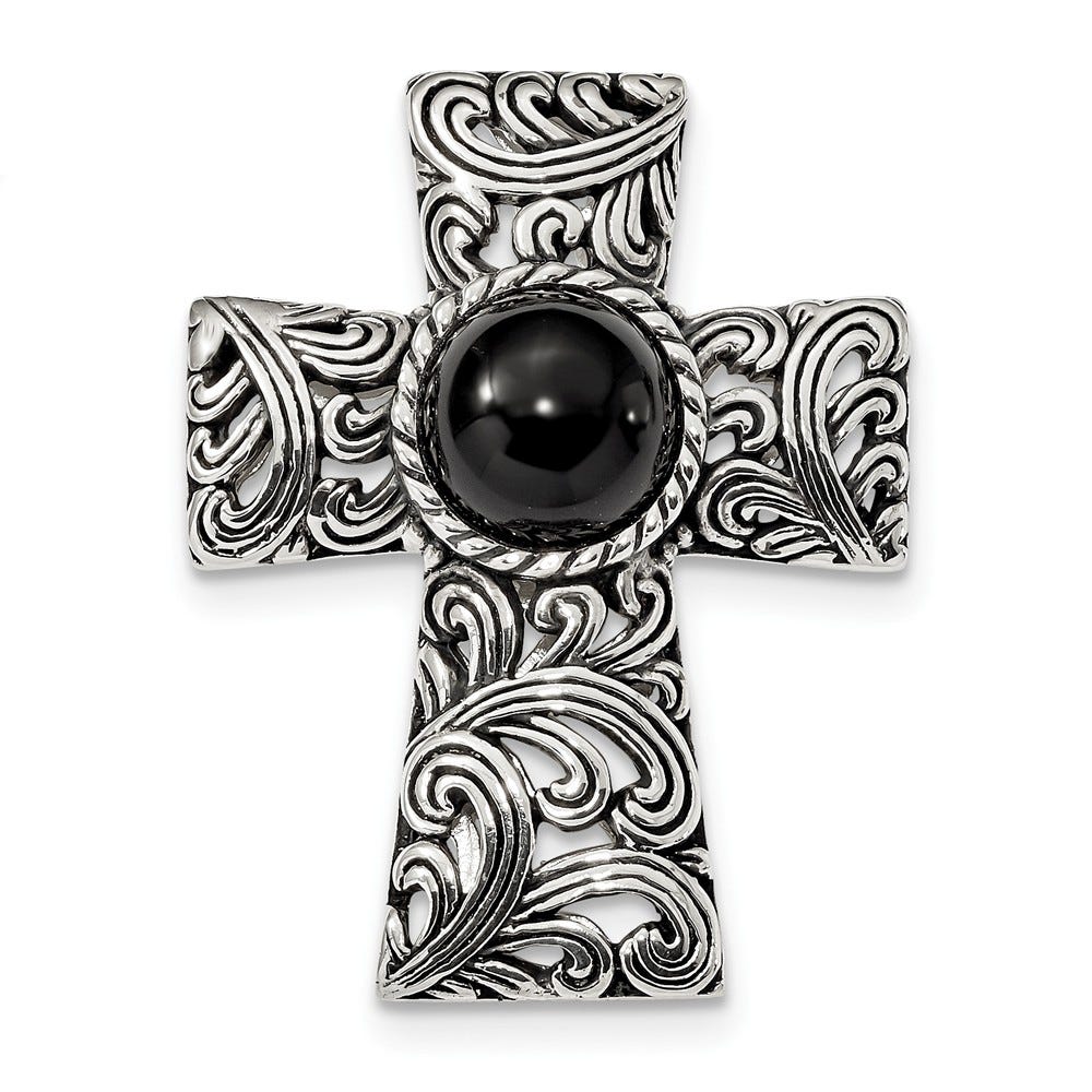 Sterling Silver Antiqued Filigree Black Onyx Slide