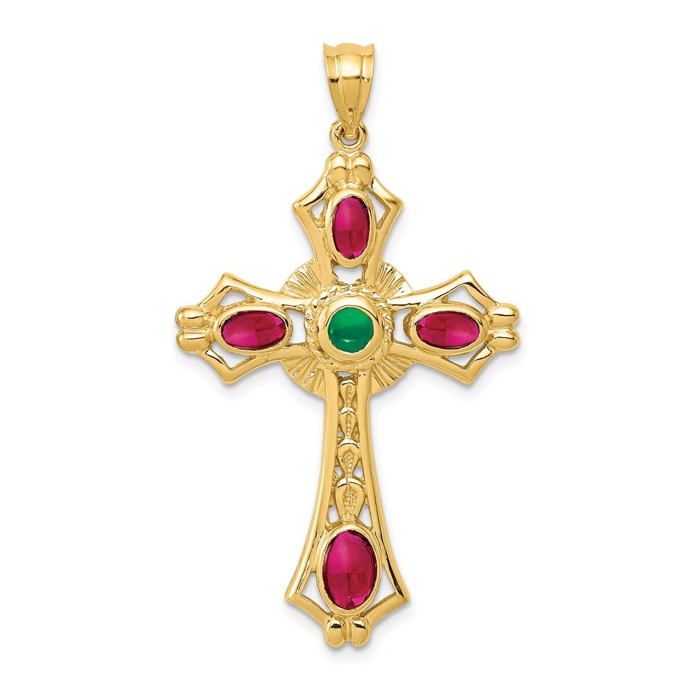 14K Ruby And Emerald Cabochon Cross Pendant