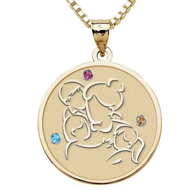 Mother with Son and 2 Daughters Round Pendant with Birthstones