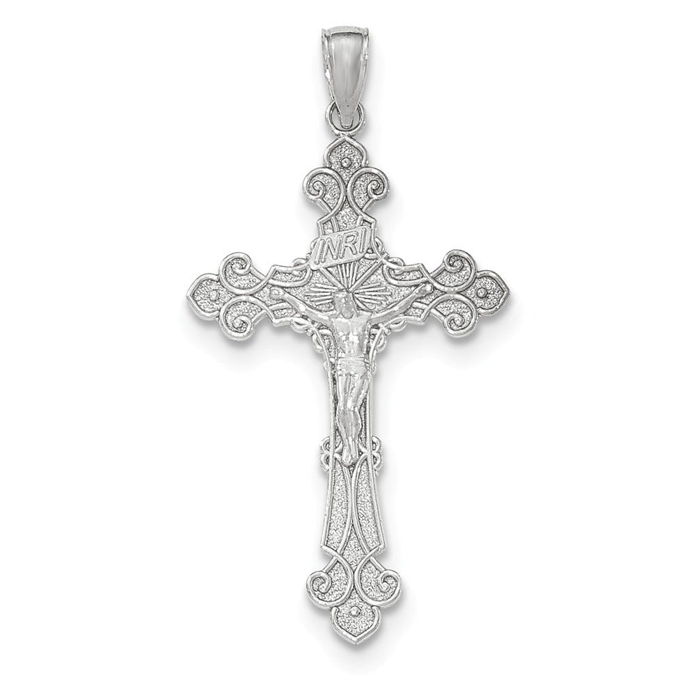 14K White Gold Polished Inri Crucifix Fleur Di Lis Pendant