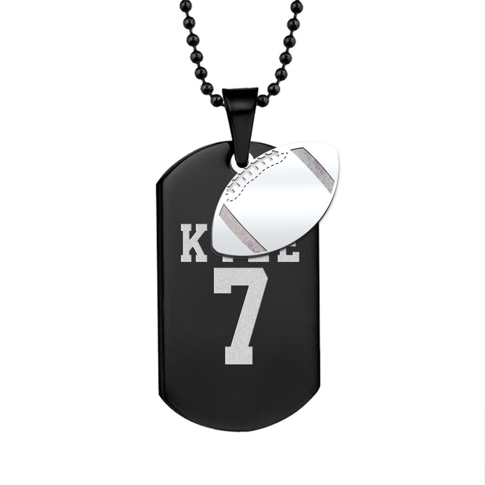 Black Stainless Steel Sports Name and Number Dog Tag with Football Charm