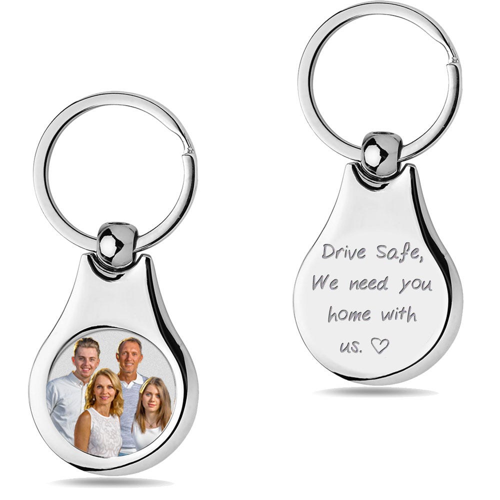Stainless Steel Engravable "Drive Safe" Round Photo Laser Keychain
