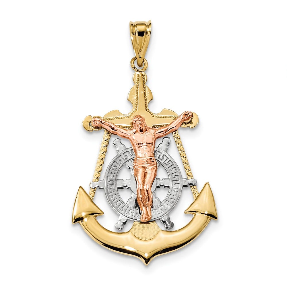 14K Tri-Color Mariner Anchor-Base Crucifix Pendant