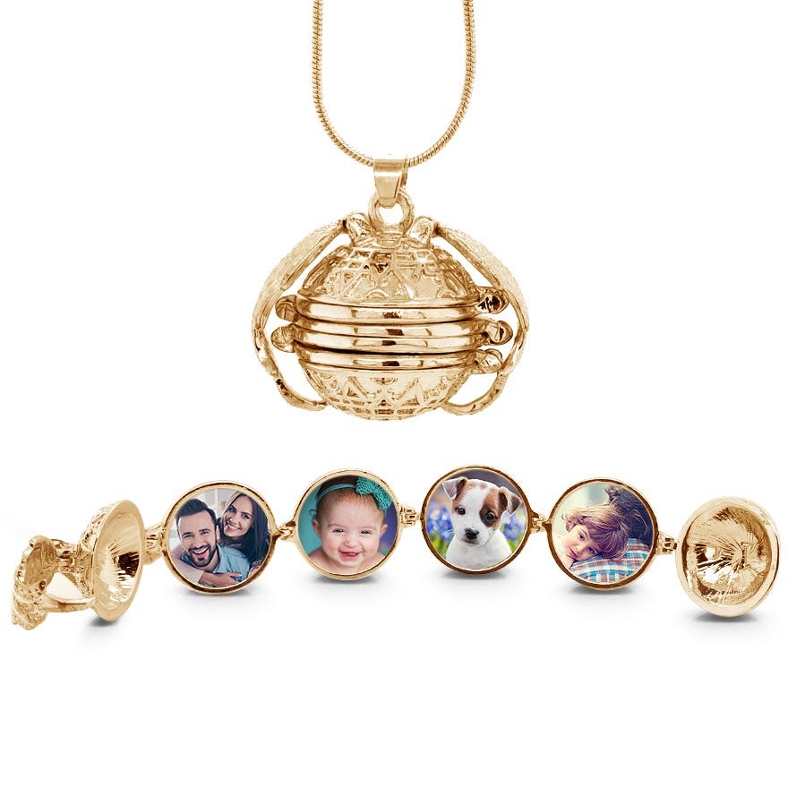 Yellow Gold Plated Expandable 4 Photo Ball Locket With Chain