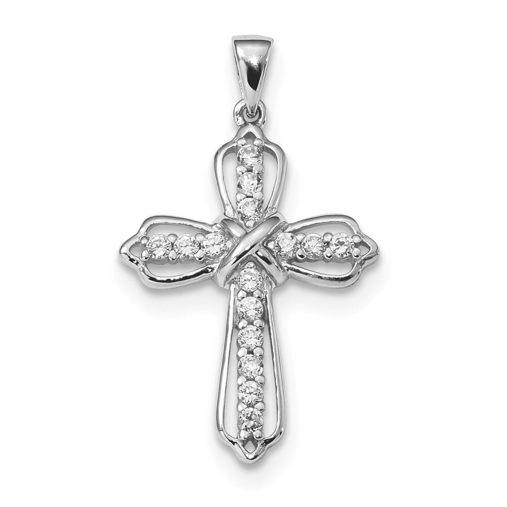 Sterling Silver Cz Ribbon Cross Pendant