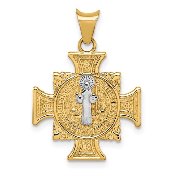 14K Two-Tone St. Benedict Medal Crucifix Cross Pendant