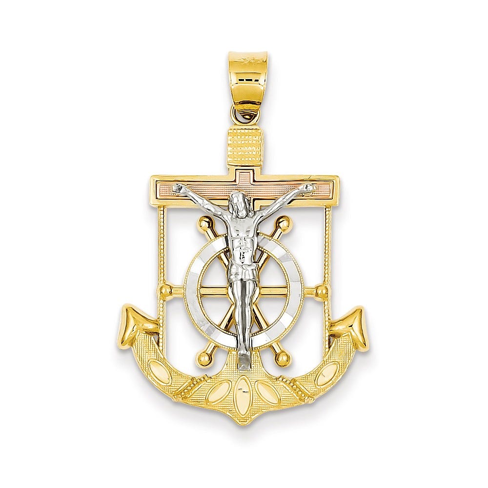 Diamond-Cut Mariner's Cross Pendant In 14K Tri-Color Gold