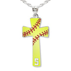Softball Stitch Enameled Cross Pendant with Number