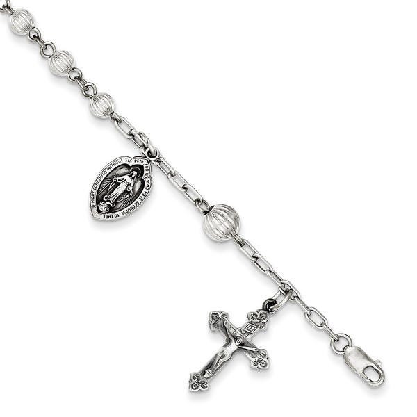 Sterling Silver Round Flute Rosary Bracelet /With Miraculous Medal