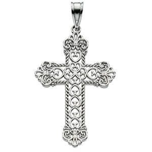 Solid 14K White Gold Heart Openwork Cross Pendant