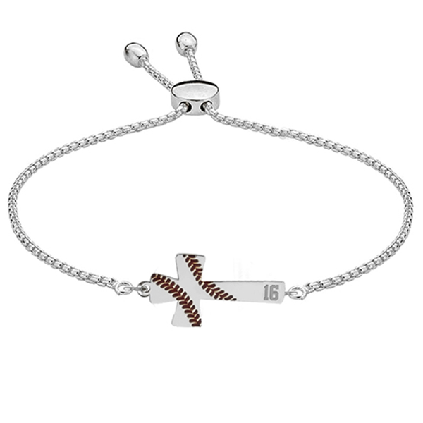 Baseball Stitch Enameled Cross Adjustable Bracelet with Number