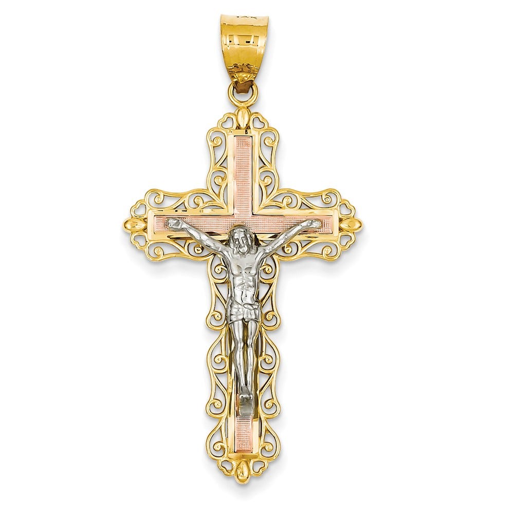 Diamond-Cut Crucifix Pendant In 14K Tri-Color Gold