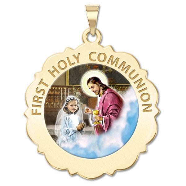 First Holy Communion Scalloped Round Religious Medal Girl