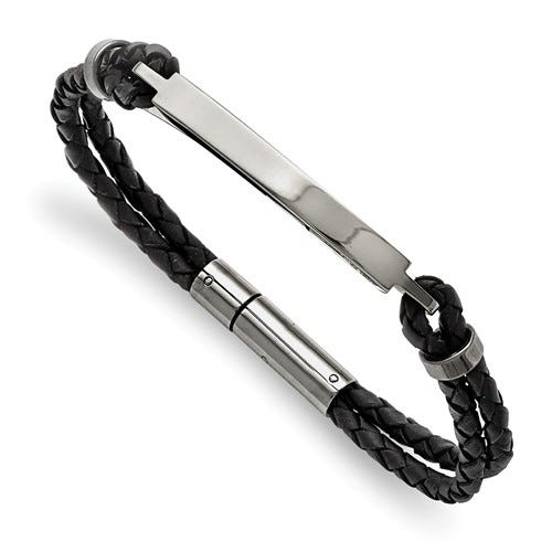 Custom Engraved Stainless Steel Women's Black Leather Woven ID Bracelet