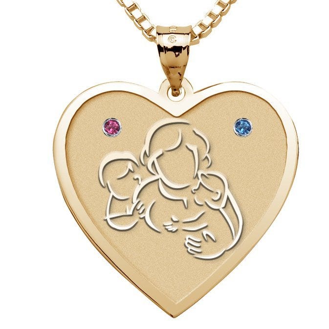 Mother with Son and Daughter Heart Pendant with Birthstones