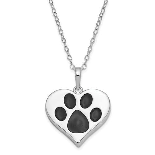 Sterling Silver Antiqued Black Paw in Heart Ash Holder 18In. Necklace