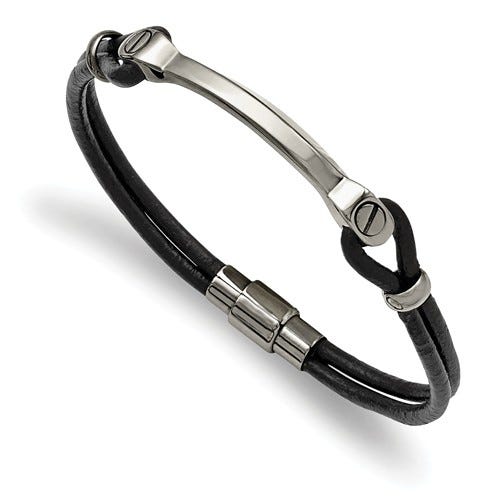 Custom Engraved Stainless Steel Women's Black Leather ID Bracelet