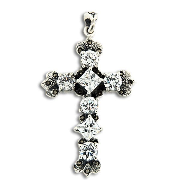 Sterling Silver Or Stainless Steel Round and Square Accent Cross Pendant