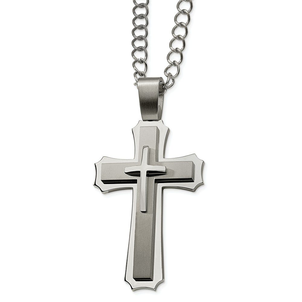 Stainless Steel Cross Pendant 24In Necklace