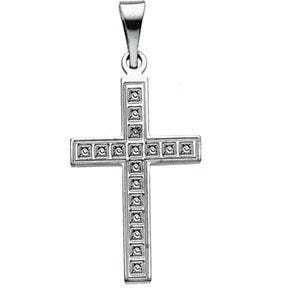 14K White Gold Square Patterned Cross Pendant With Design