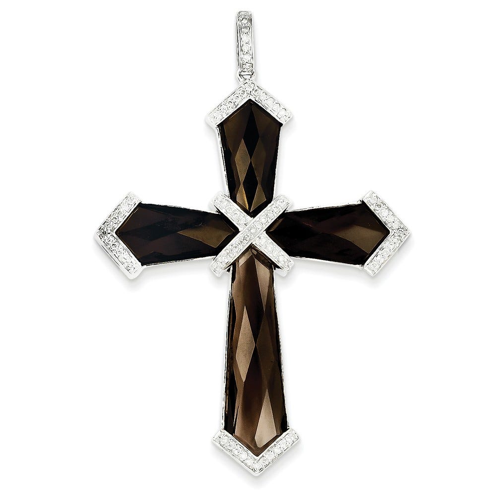 14K White Gold Diamond And Smoky Quartz Cross Pendant