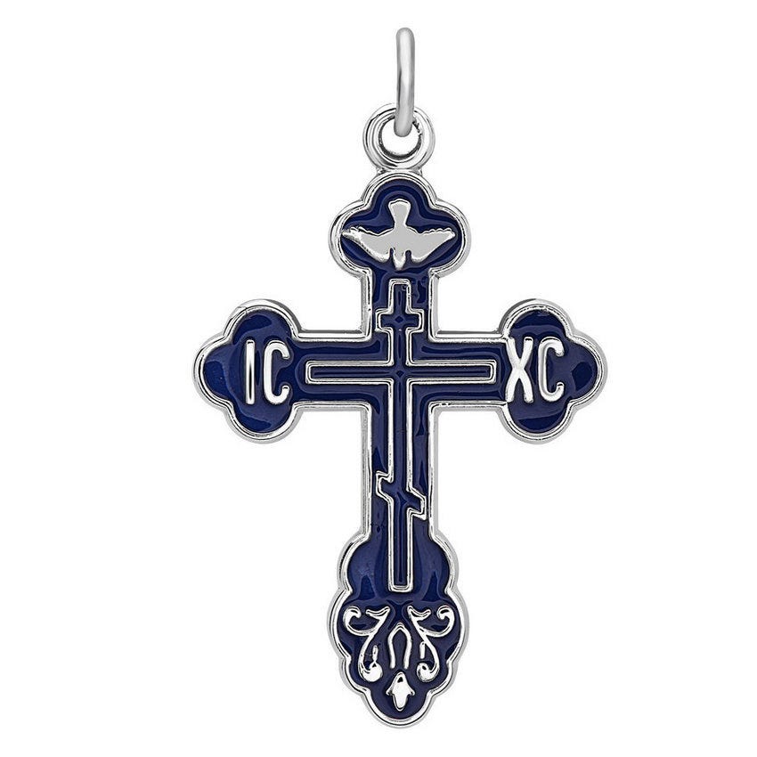 Sterling Silver Cross With Blue Enamel Design