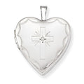 14K White Gold Cross Heart Photo Locket With Diamond