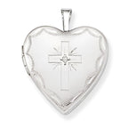 14K White Gold Cross Heart Photo Locket With Diamond