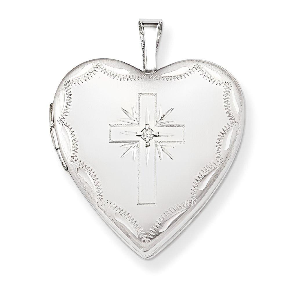 14K White Gold Cross Heart Photo Locket With Diamond