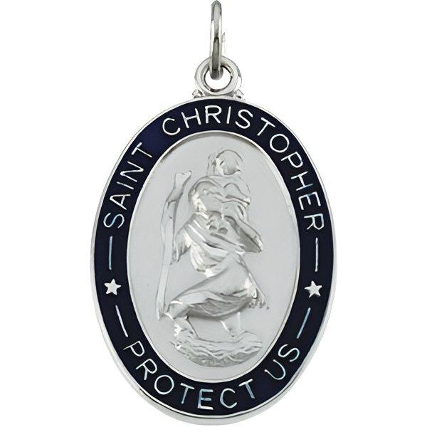 Sterling Silver Saint Christopher Religious Medal Necklace With Blue Epoxy