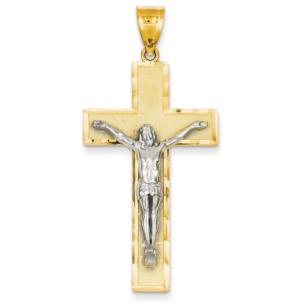 14K Two-Tone Diamond-Cut Rectangular-Frame Crucifix Pendant