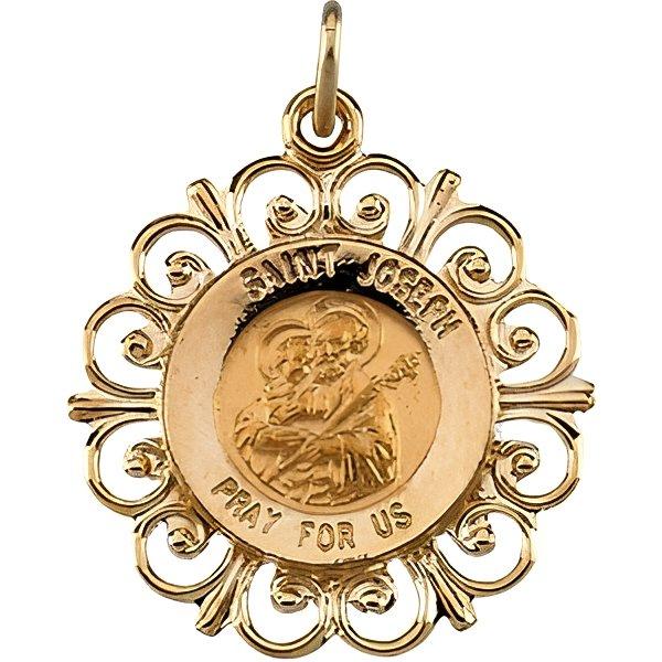 14K Yellow Gold Round Saint Joseph Religious Medal With Filigree Border