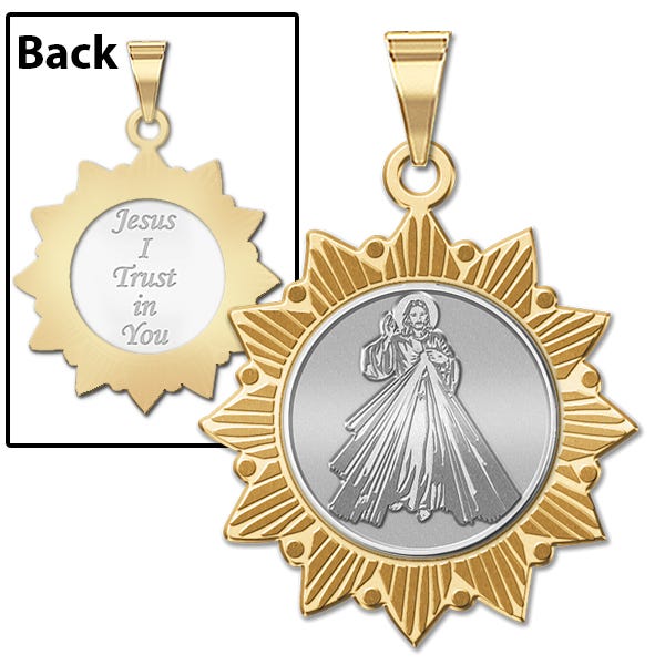 Divine Mercy Two-Tone Double Sided Sun Border Pendant