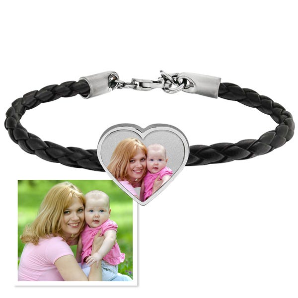 Photo Engraved Leather Rope Bracelet with Stainless Steel Heart Charm