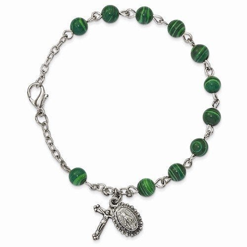 Silver-Tone Malachite Rosary Bracelet