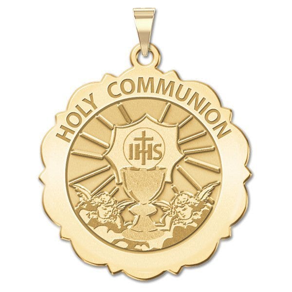 Holy Communion Scalloped Round Religious Medal