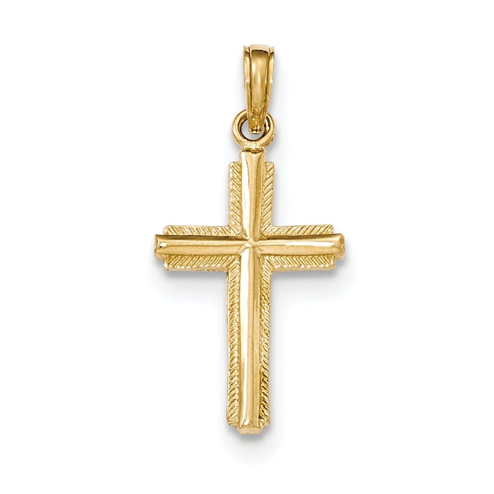 14K Gold Polished Cross Pendant With Stripped Border