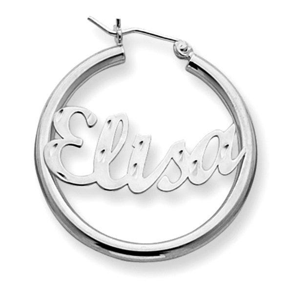 Sterling Silver Polished and Diamond Cut Curved Script Name Hoop Earrings