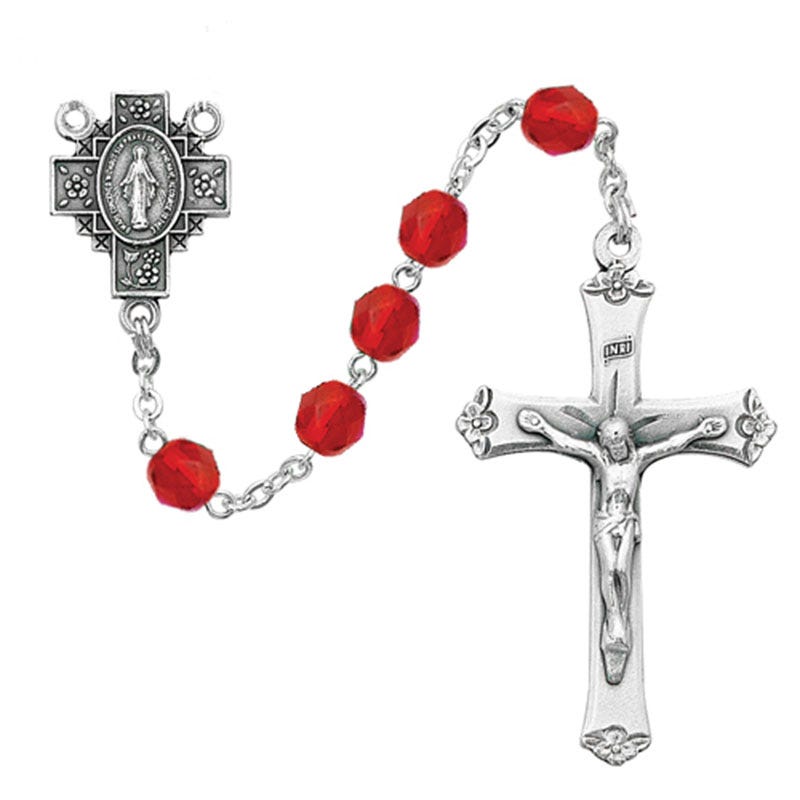 Pewter Red Glass Bead Rosary | PicturesOnGold.com