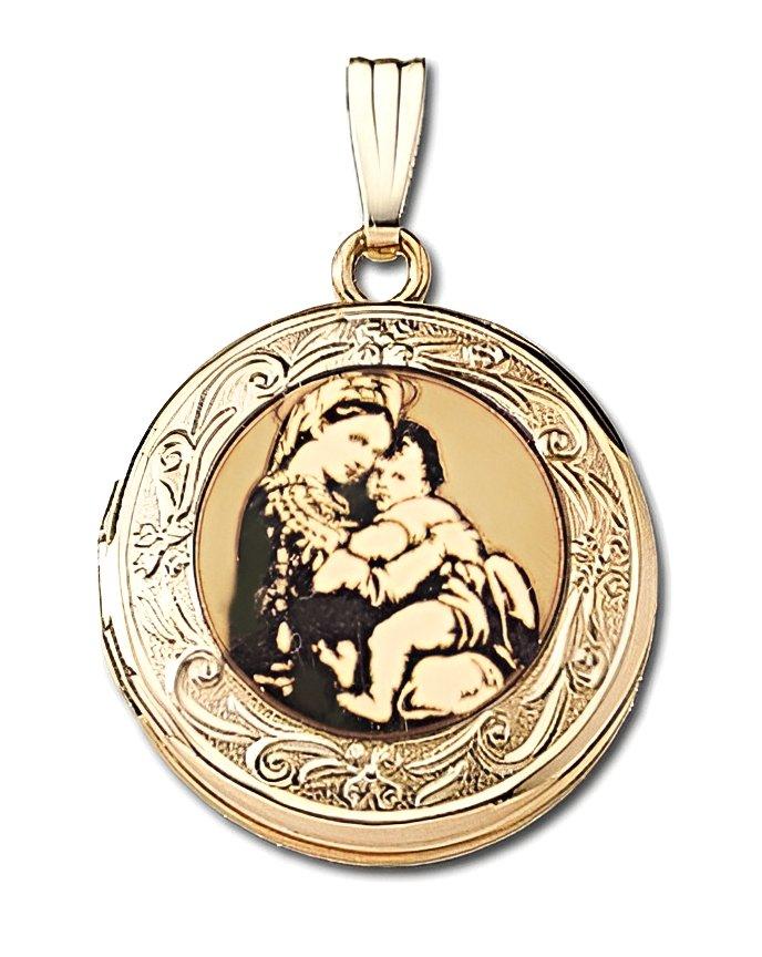 Solid 14K Yellow Gold Blessed Mother Round Photo Locket