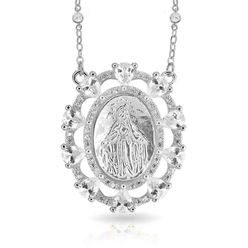 Mother Of Pearl Miraculous Oval Medal With Cz Ornate Border