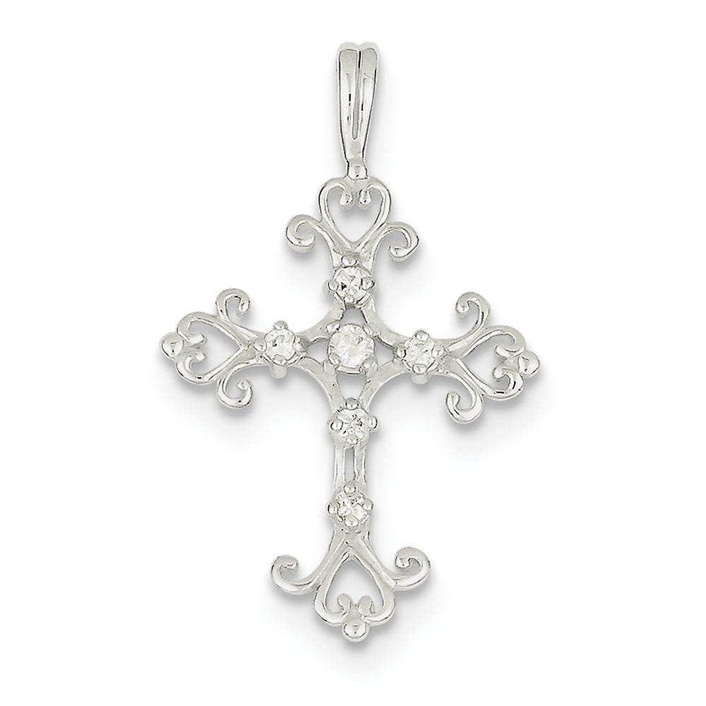 Openwork Heart Scroll Cz Cross Pendant