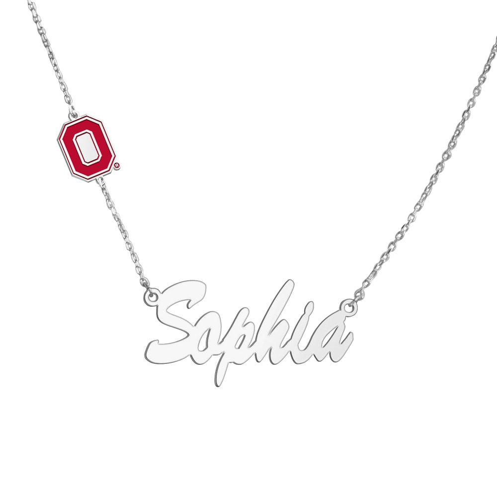 Ohio State University Name Necklace with Color Enamel O Logo Charm