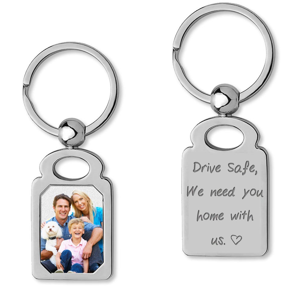 Stainless Steel Engravable "Drive Safe" Rectangle Photo Laser Keychain