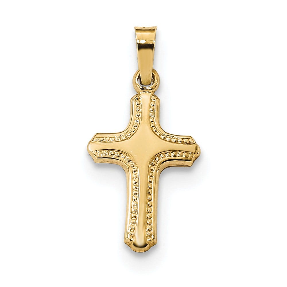 14K Polished And Textured Beaded-Edge Cross Pendant