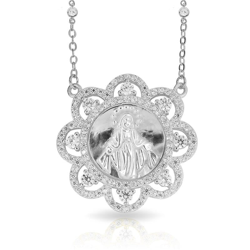 Mother Of Pearl Miraculous Round Medal With Cz Ornate Border