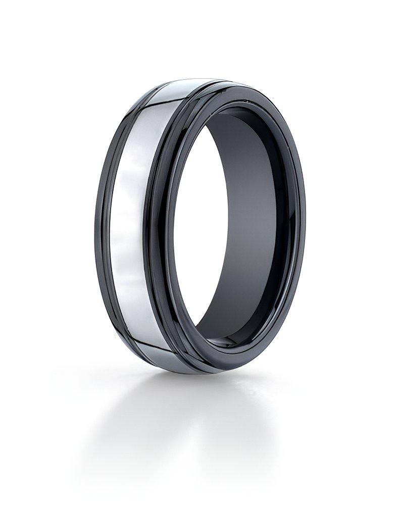 Ridged Edge Black Ceramic & Tungsten Comfort-Fit Approx. 0.28 Inch Wedding Band