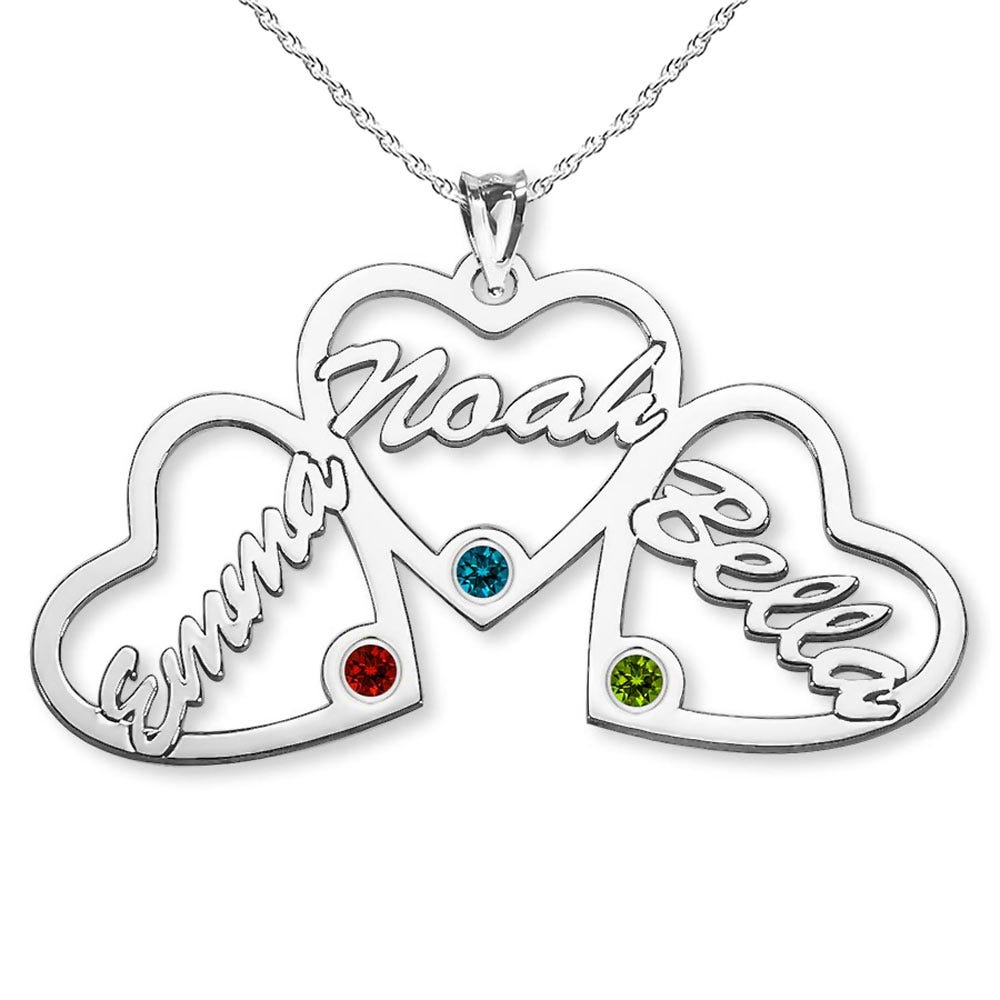 Personalized Heart Cut-Out with Pendant with 3 Birthstones & Names