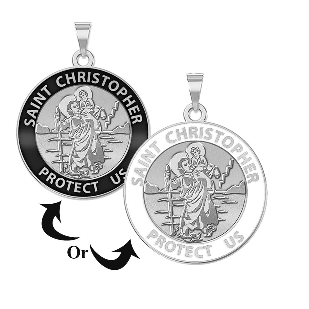 Saint Christopher Round Religious Medal With Black Enamel Or White Enamel