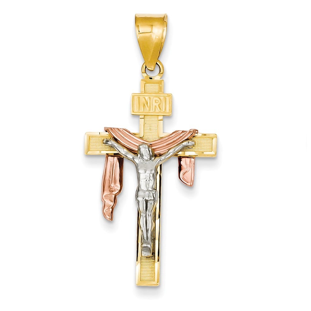 Tri-Color Diamond Cut Small Draped Inri Crucifix Pendant